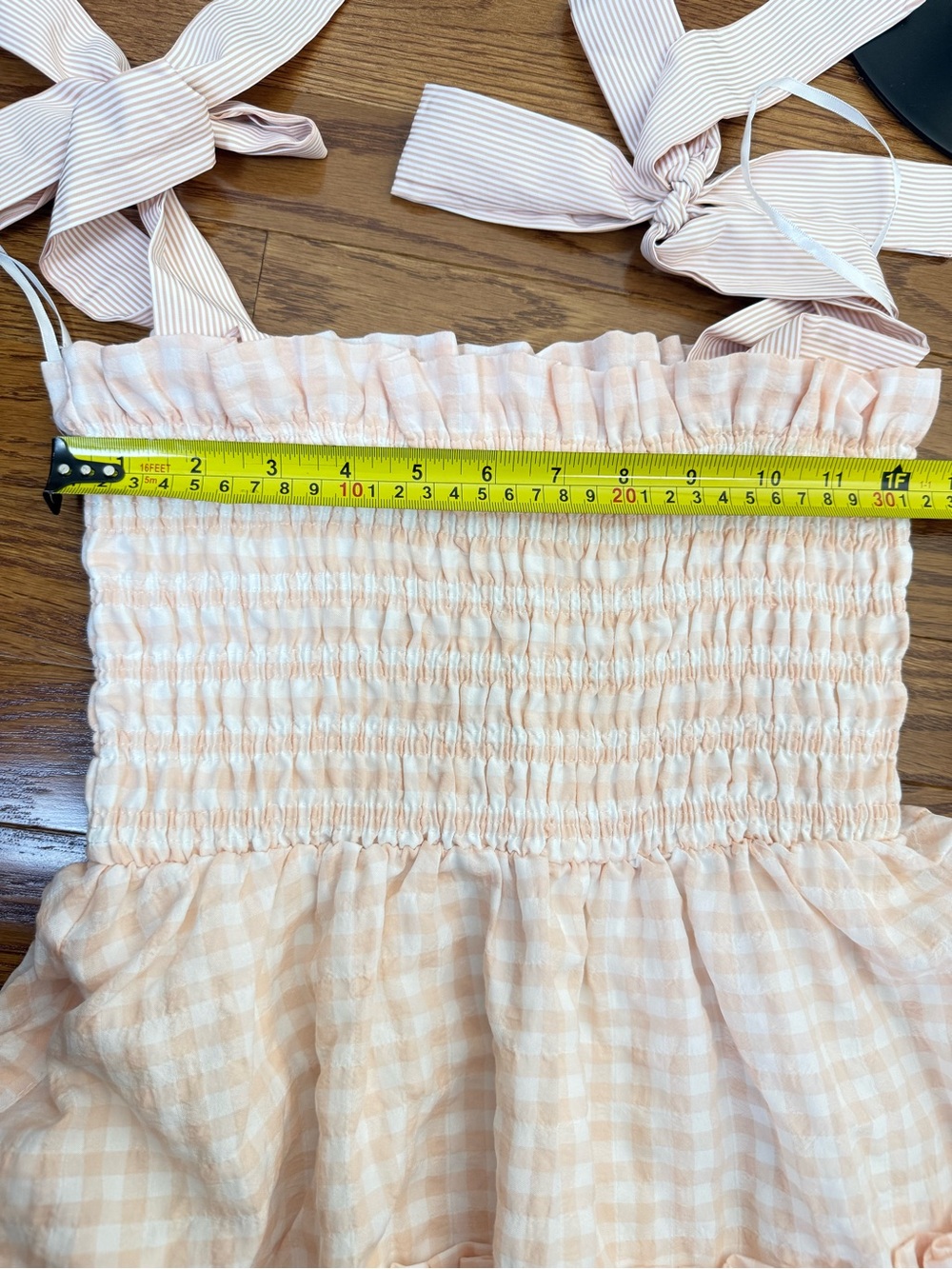Mable Womens Midi Dress Small Blush Smocked Ruffle Seersucker Plaid Check Boho‎ - Picture 12 of 16